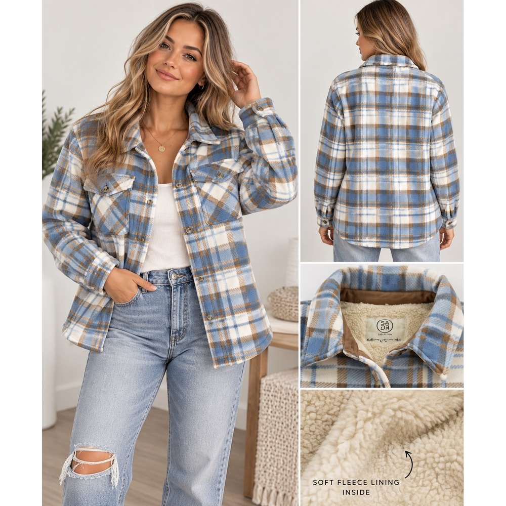 Sage Collective Blue Plaid Sherpa Lined Fleece Shacket Jacket Large